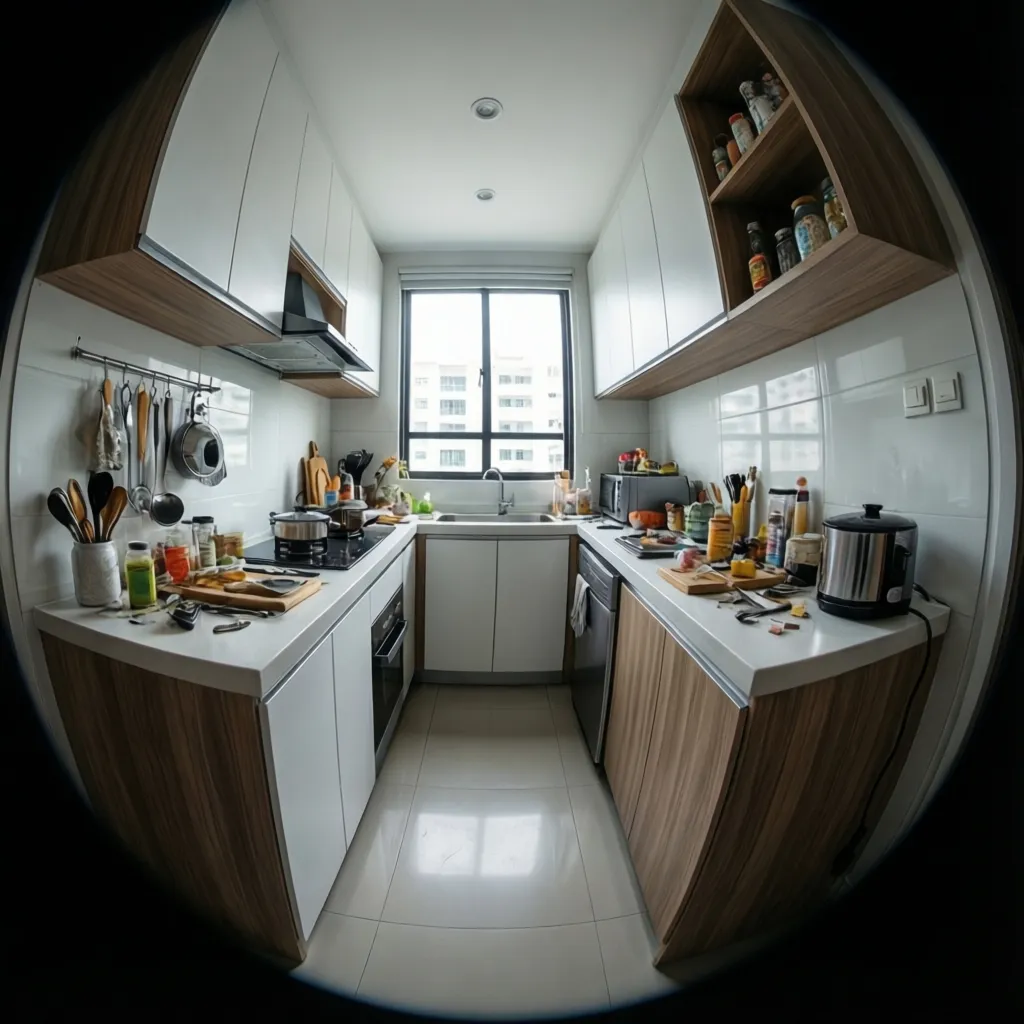 compact modern small kitchen in Malaysian apartment with smart cabinet storage