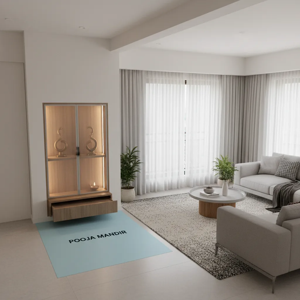 Interior design layout showing compact mandir cabinet in apartment plan