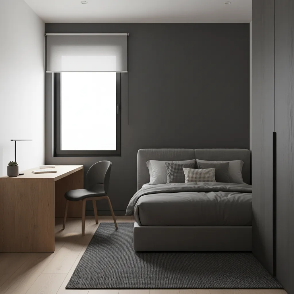 Compact masculine bedroom layout with bed against wall and minimal furniture