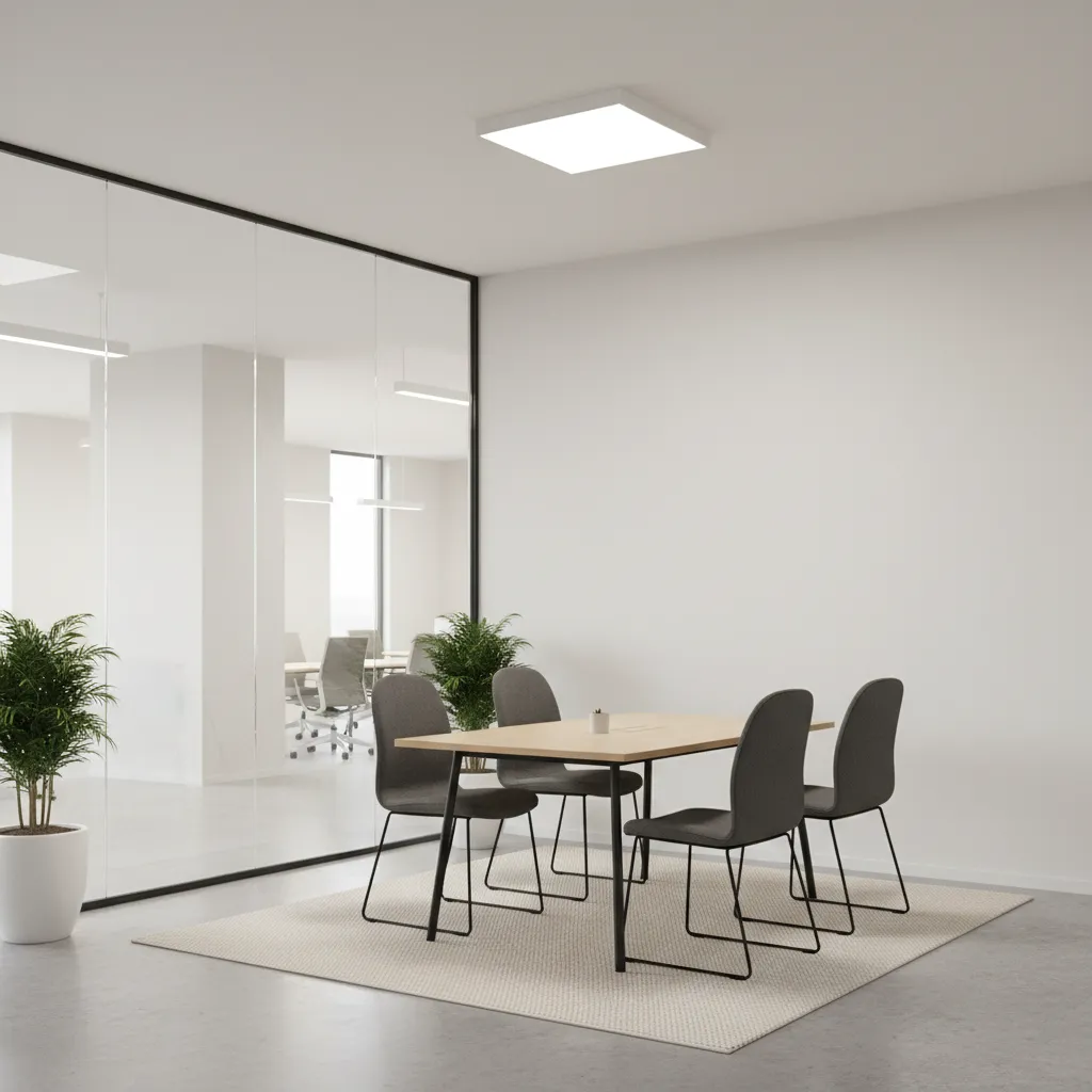 Compact office meeting room with efficient layout and small conference table