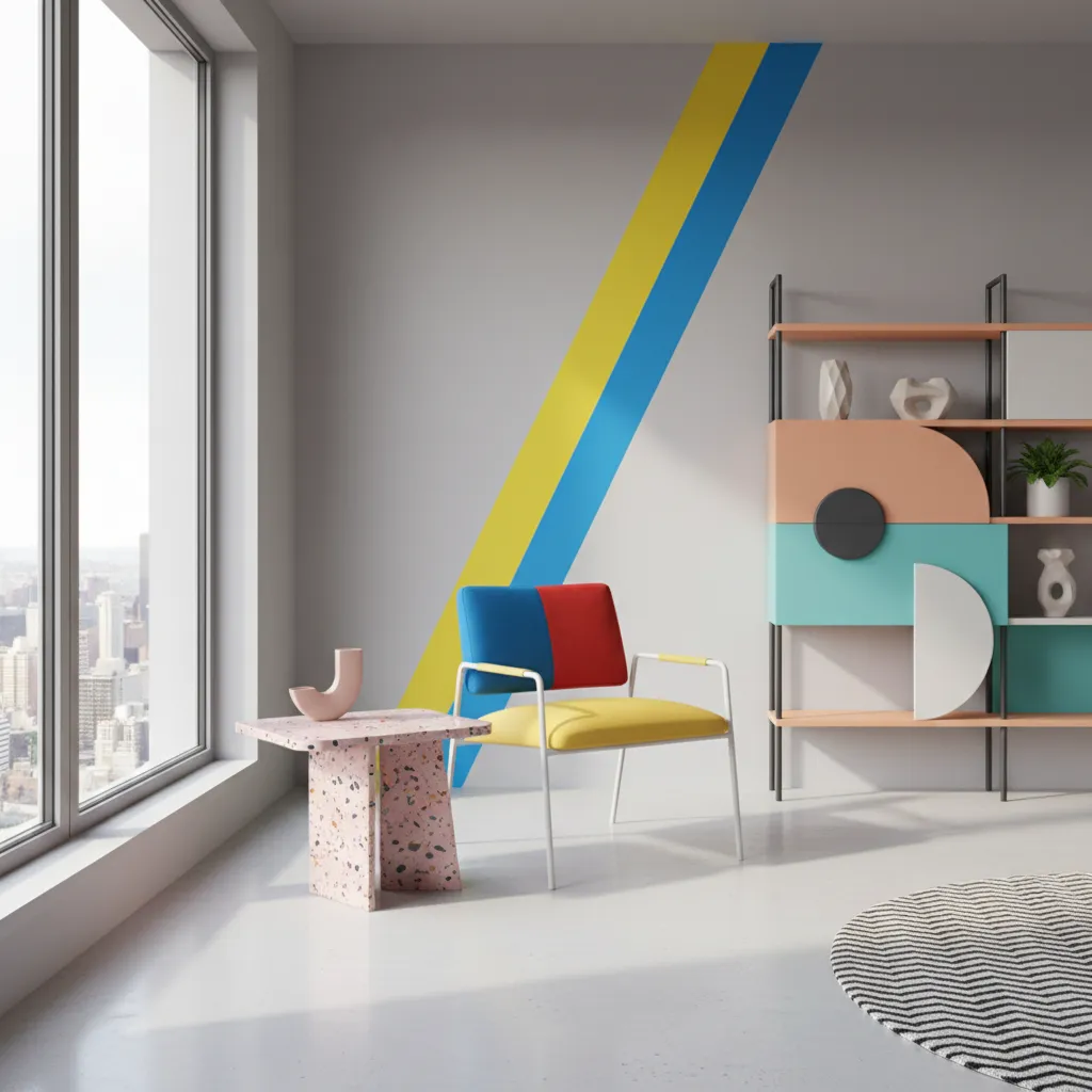 Arrangement of compact Memphis inspired furniture in a small apartment layout