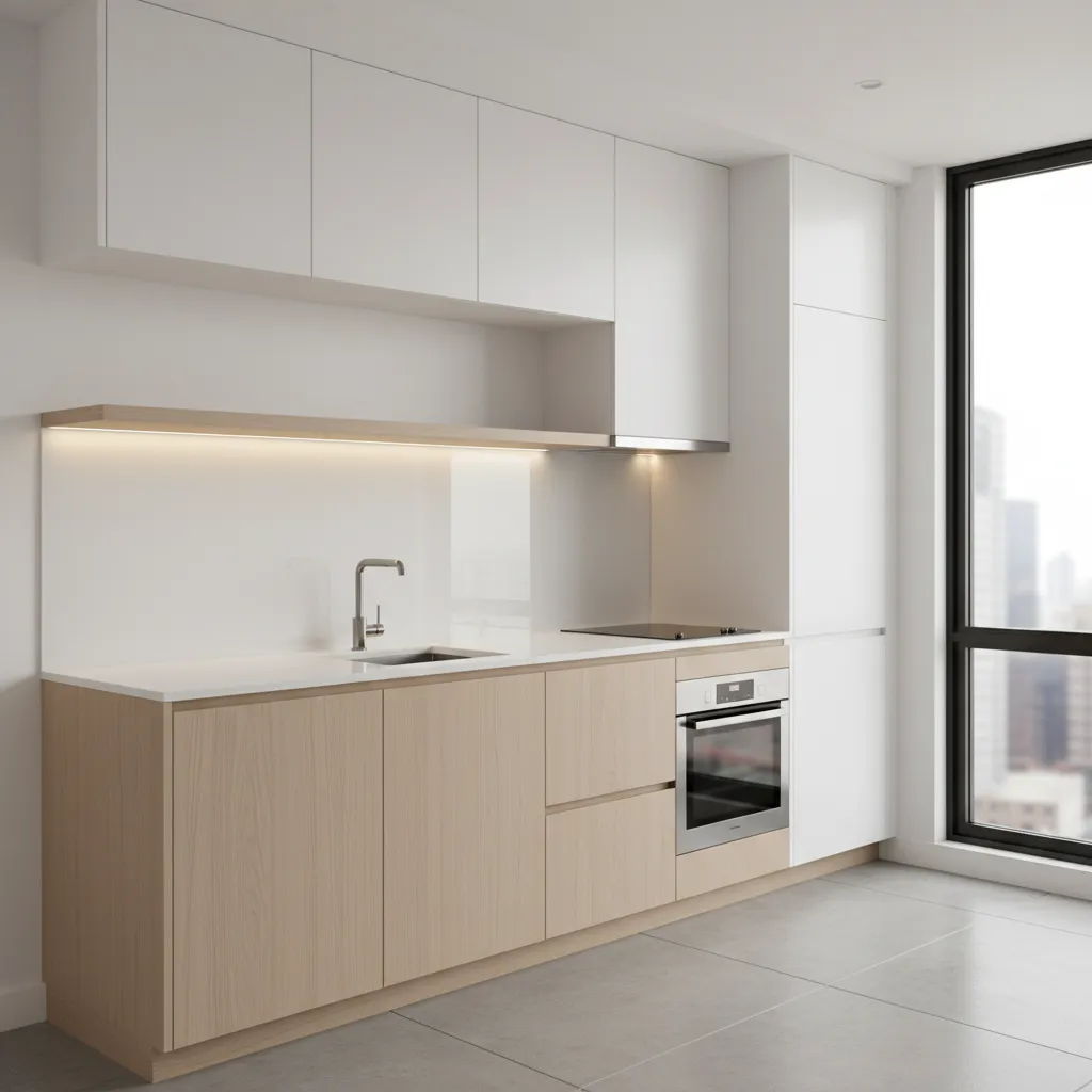 single wall compact micro apartment kitchen with integrated appliances