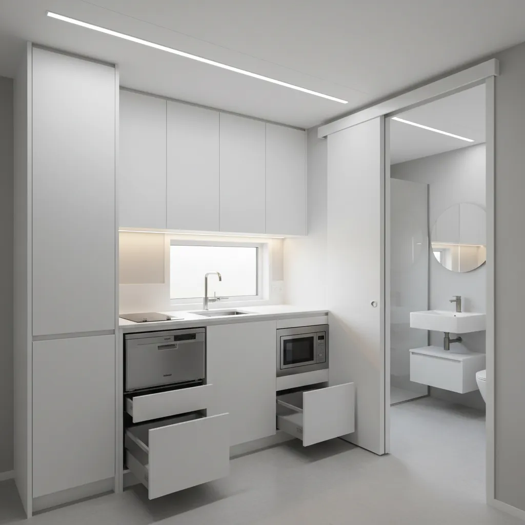Efficient small mobile home kitchen and bathroom layout with compact appliances
