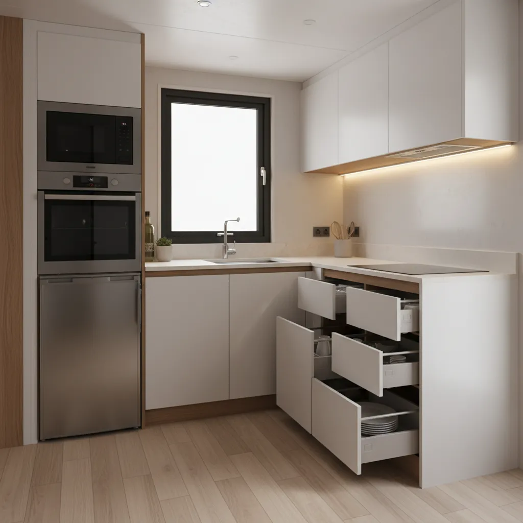 Small mobile home kitchen with modern cabinets and integrated lighting