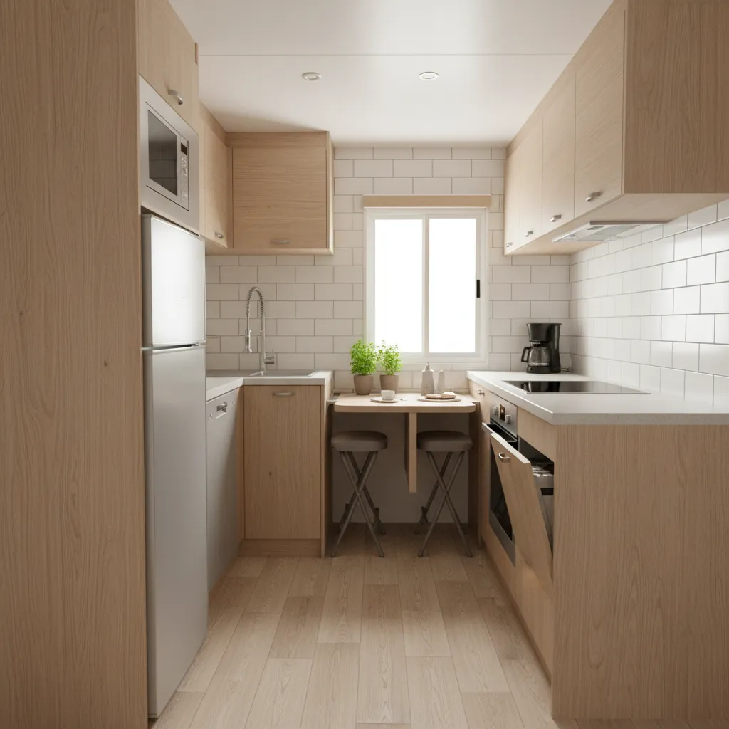 Compact mobile home kitchen with smart cabinets and organized storage