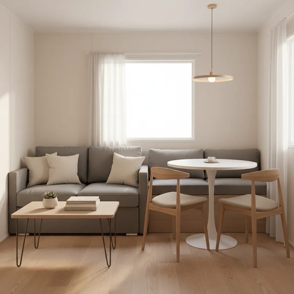 cozy living room inside a compact 460 sq ft mobile home with sofa and dining nook