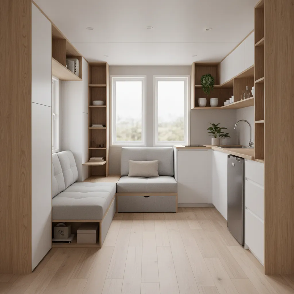 multifunctional furniture in 450 sq ft mobile home living room