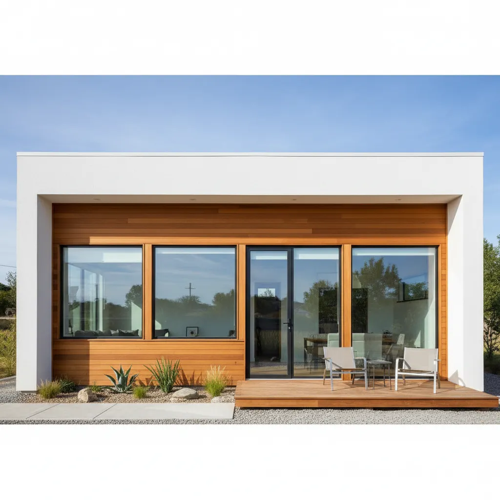 Exterior de casa moderna compacta con diseño rectangular