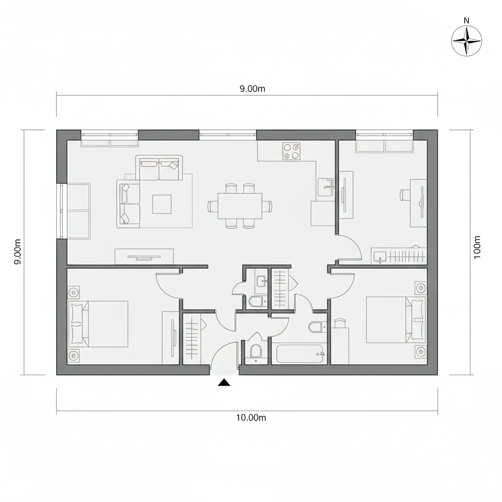 Plano de casa moderna compacta de menos de 100 metros cuadrados