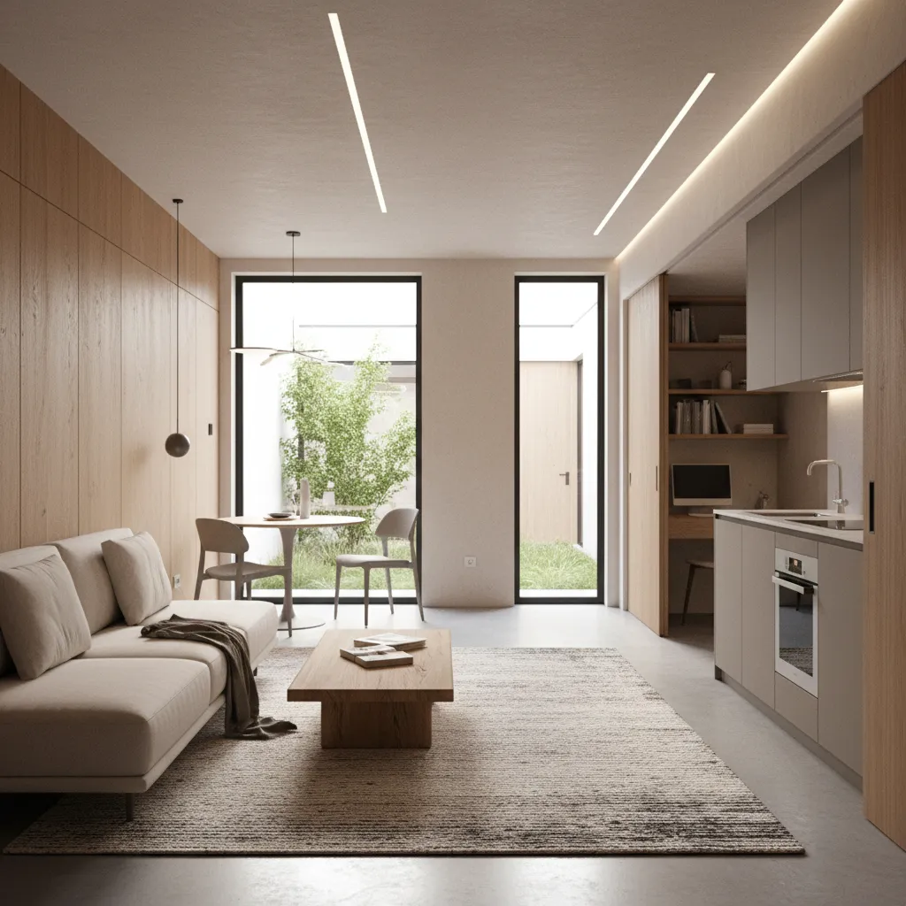 Interior moderno de casa pequeña con diseño eficiente