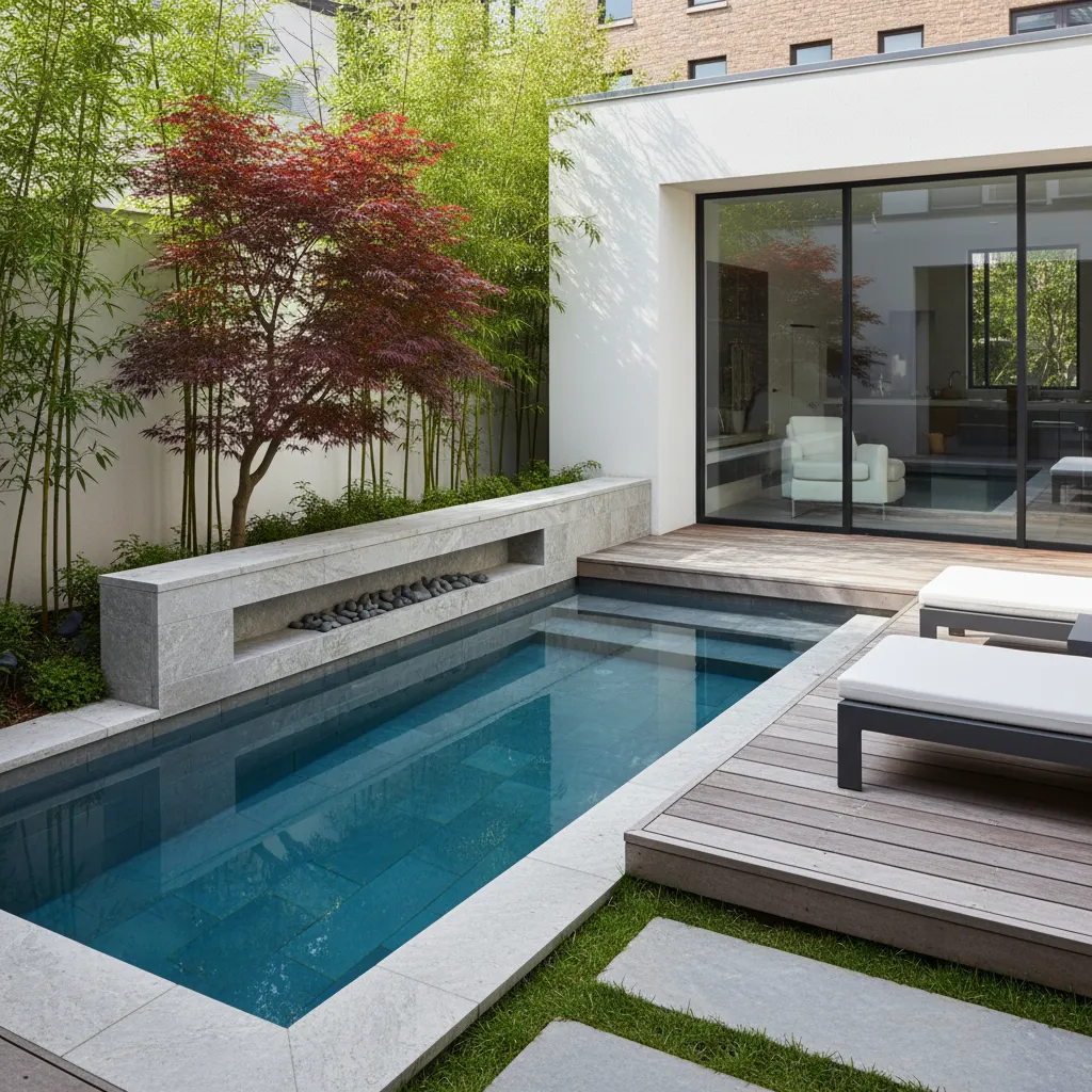 Piscina compacta moderna en patio de casa pequeña