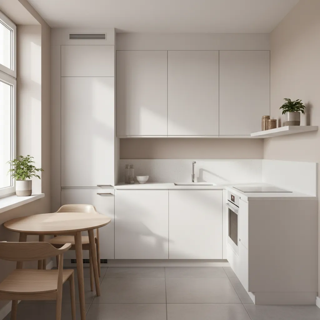 compact modern kitchen with minimalist cabinets in a small apartment