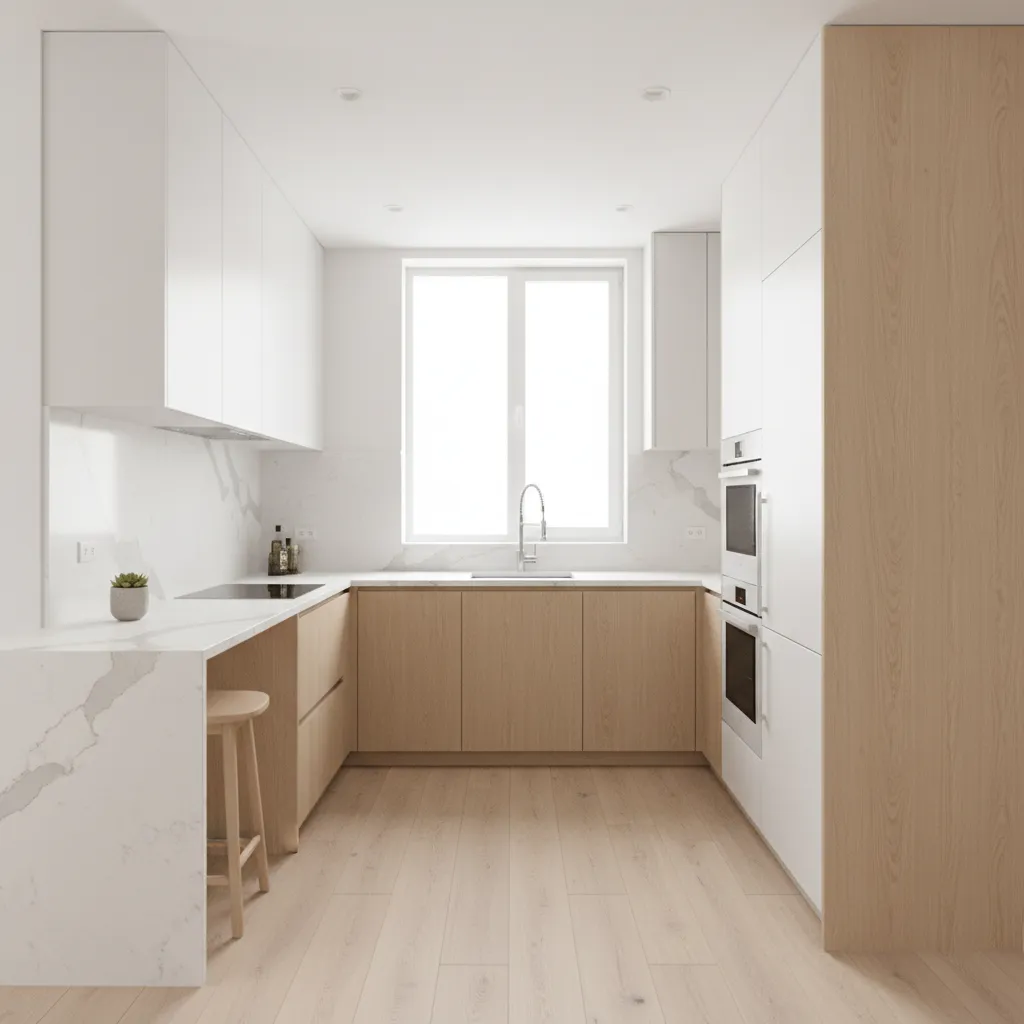 Modern U-shaped kitchen featuring white cabinets, wood lower drawers, marble countertops, wood flooring, and window