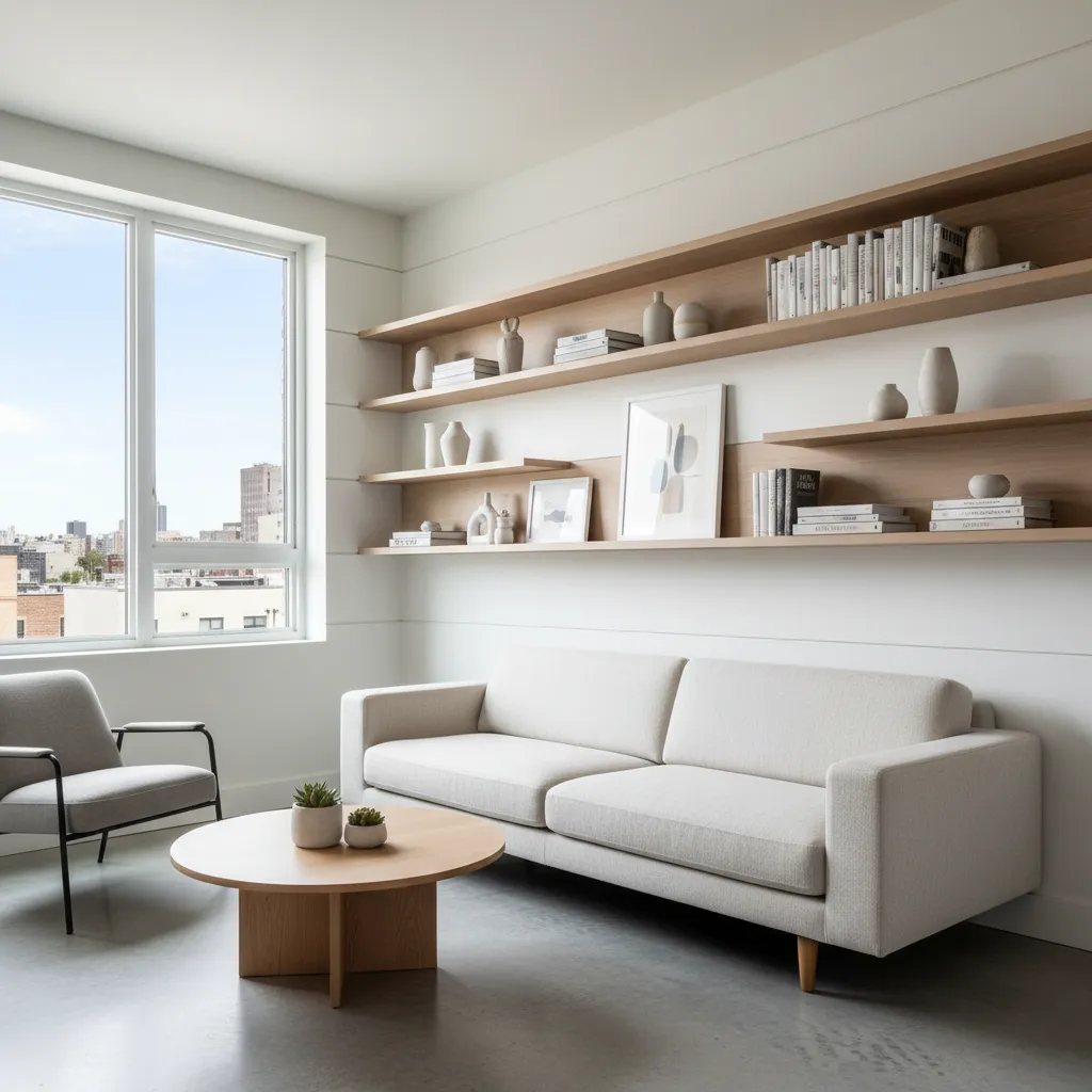 Sala compacta con muebles modernos y colores claros
