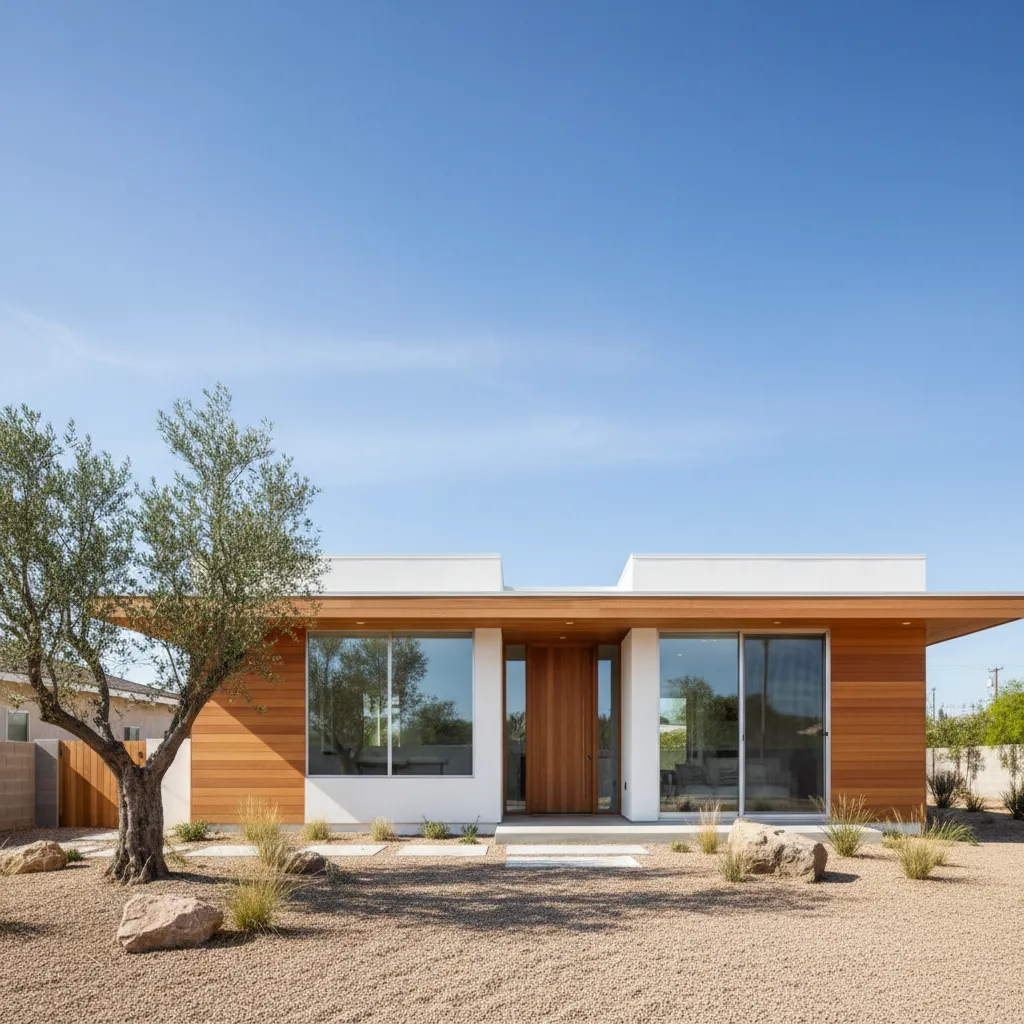 Casa moderna compacta de una sola planta con diseño minimalista