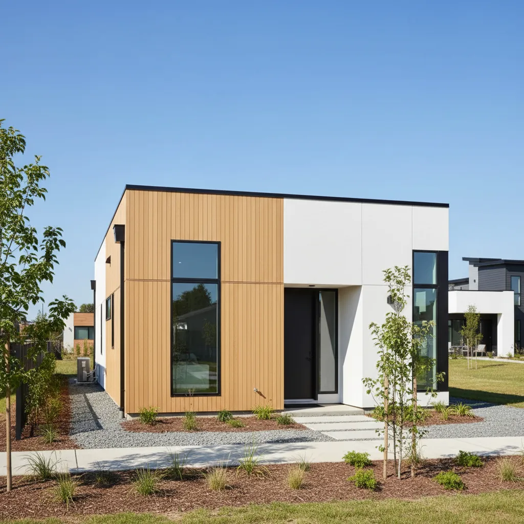 Modern house with wood and white wall panels, large windows, and a gravel front yard