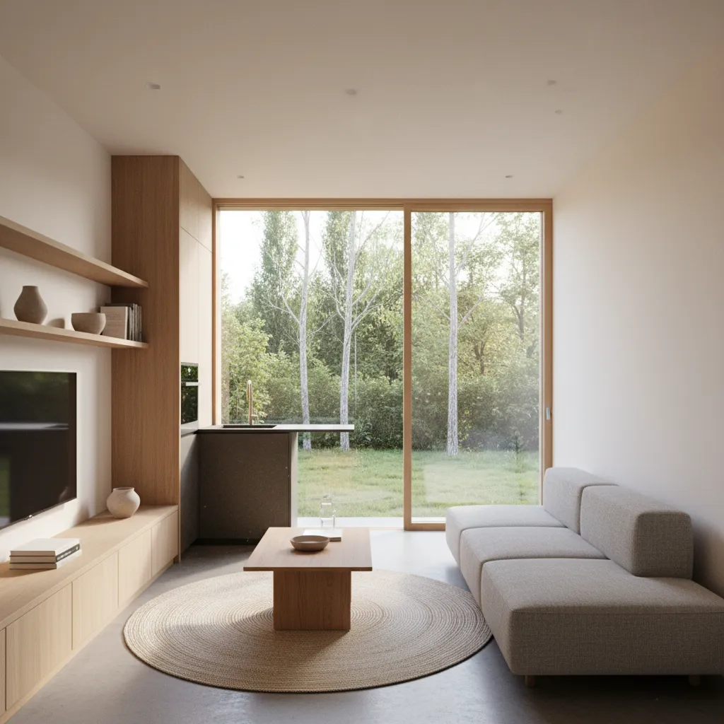 Minimalist living room featuring grey sofa wooden coffee table round rug and large window trees