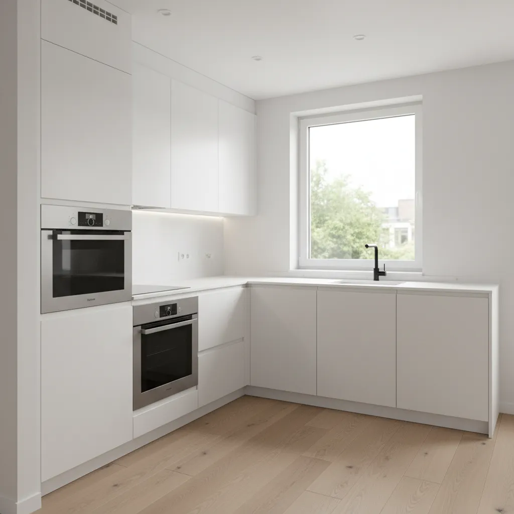 Compact modern small kitchen with white cabinets and efficient storage