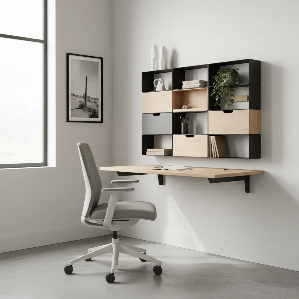 oficina pequeña moderna con escritorio flotante y decoración minimalista