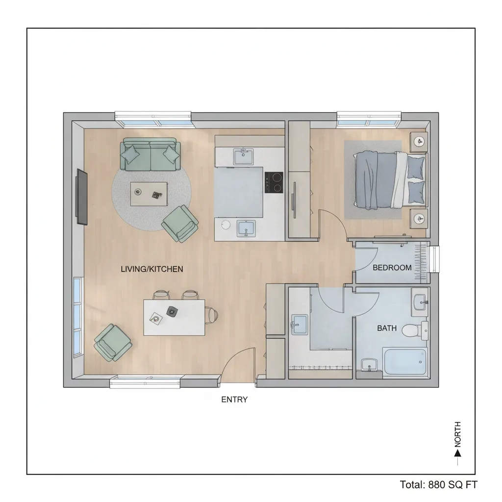 optimized floor plan layout for a modular home under 900 square feet