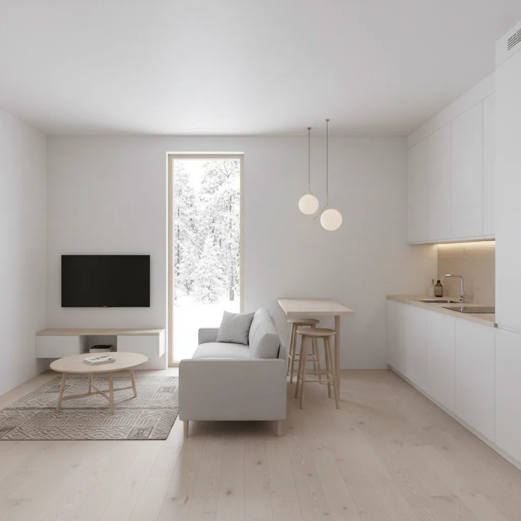 Modern compact modular home interior living room and kitchen