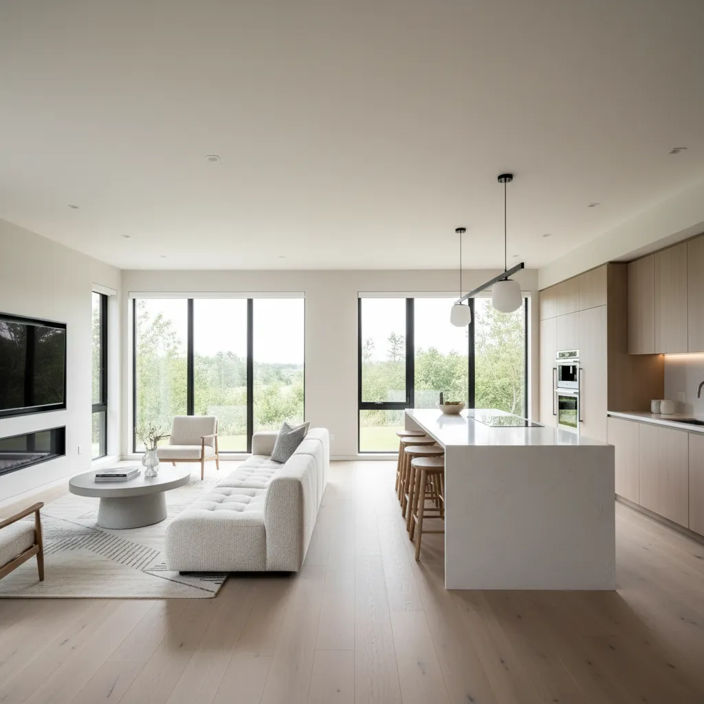 Modern interior of a compact modular home living room and kitchen