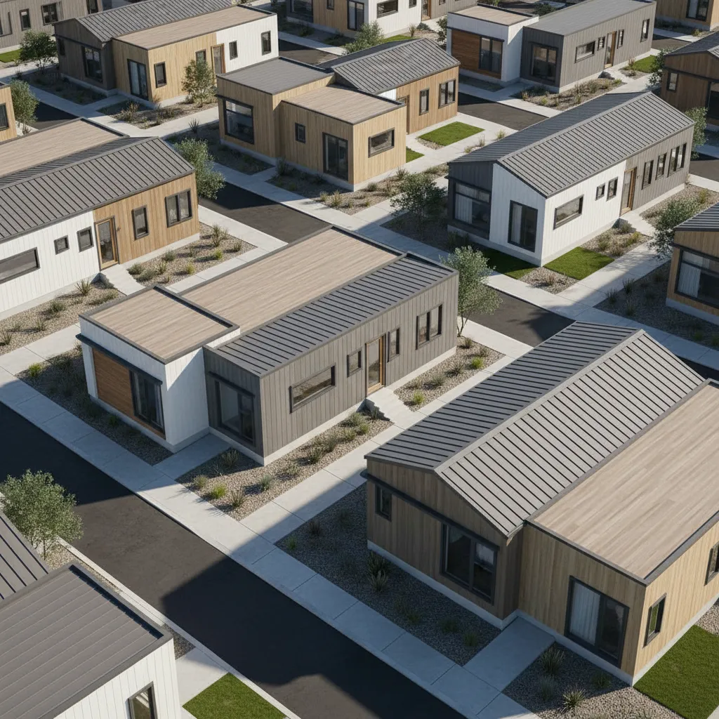 cluster of modern small modular homes in a compact housing development