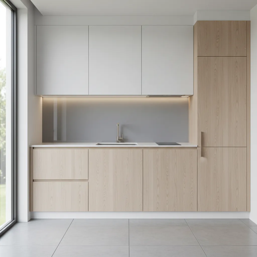 small kitchen using light colors and handleless cabinets to look larger