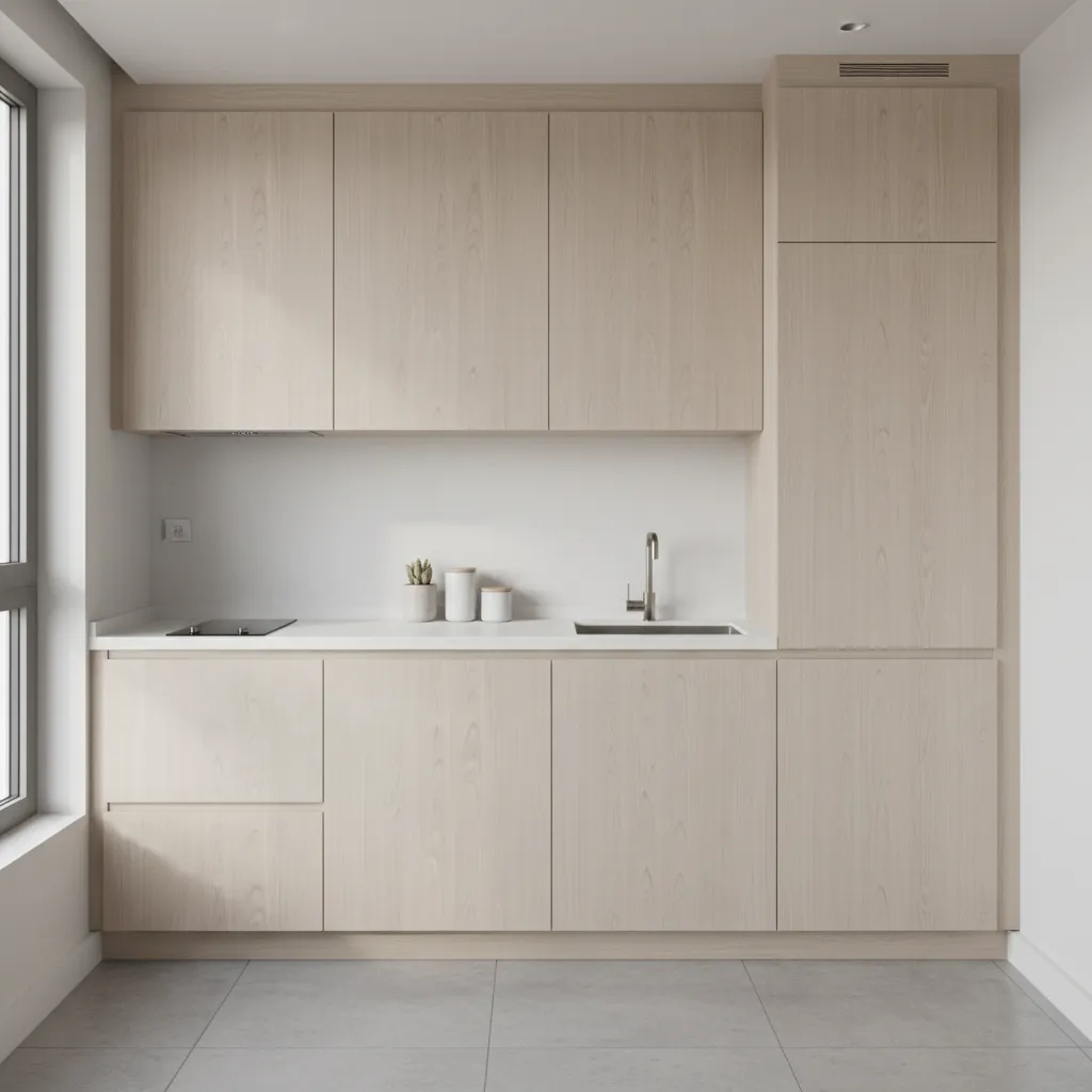 Compact modular kitchen in a small apartment with efficient storage and clean design