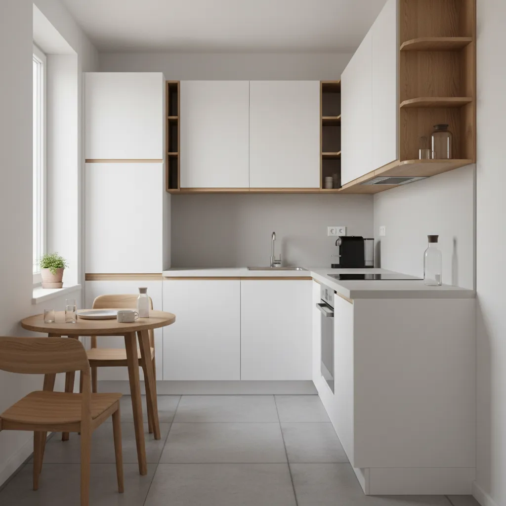 Compact modular kitchen design in a small apartment with efficient storage