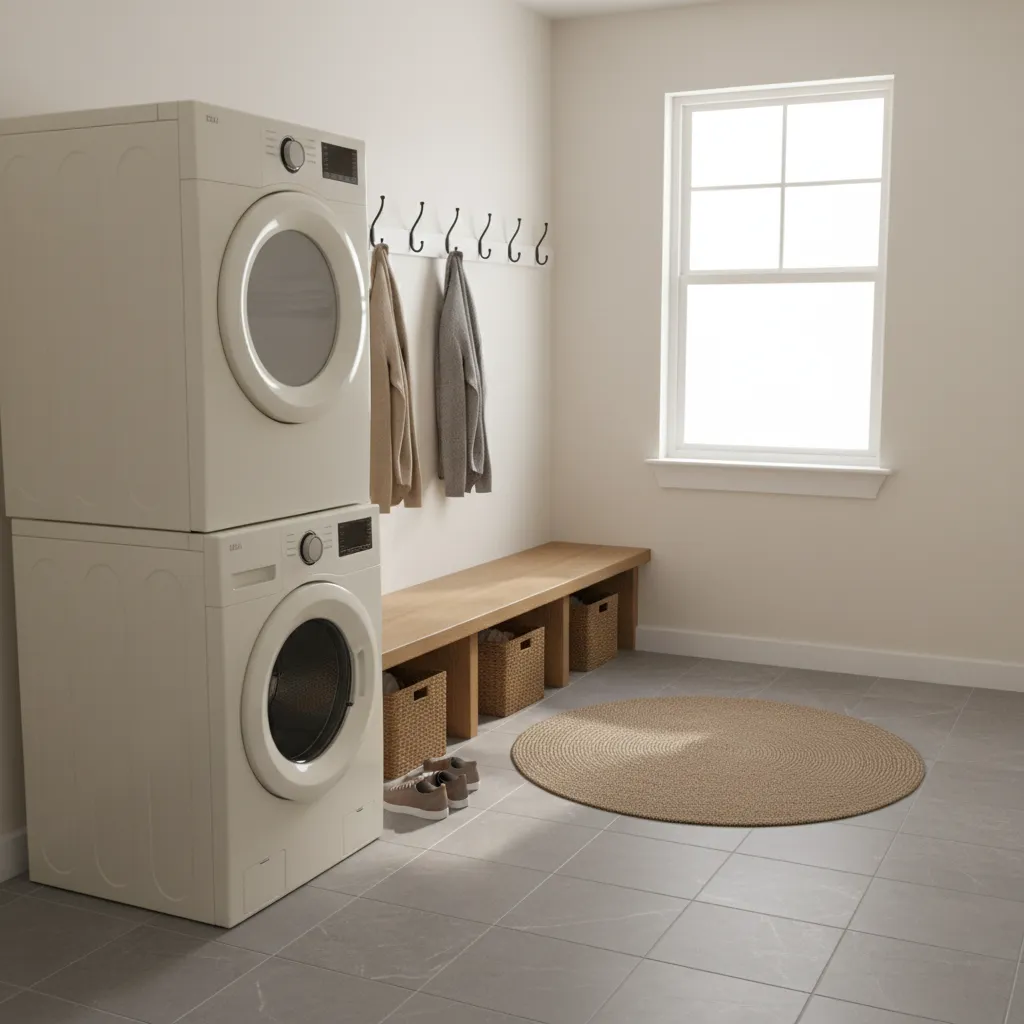 Compact mudroom laundry room with bench hooks and stacked washer dryer