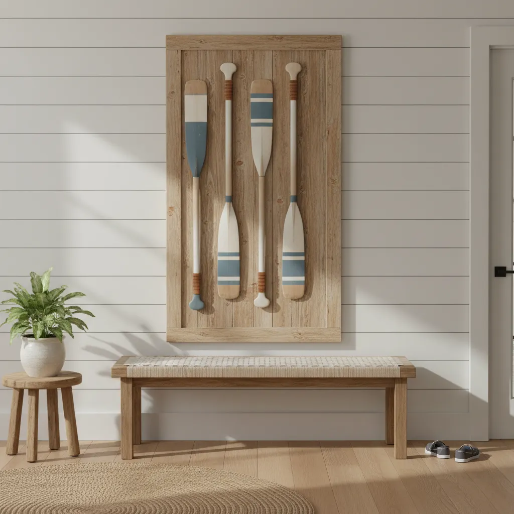 Compact decorative oar display above entry bench on narrow wall
