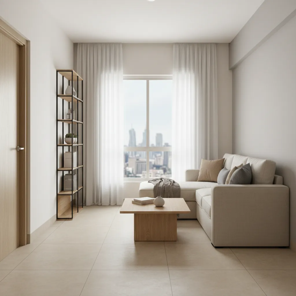 Small 1RK flat living space with sofa bed and compact layout