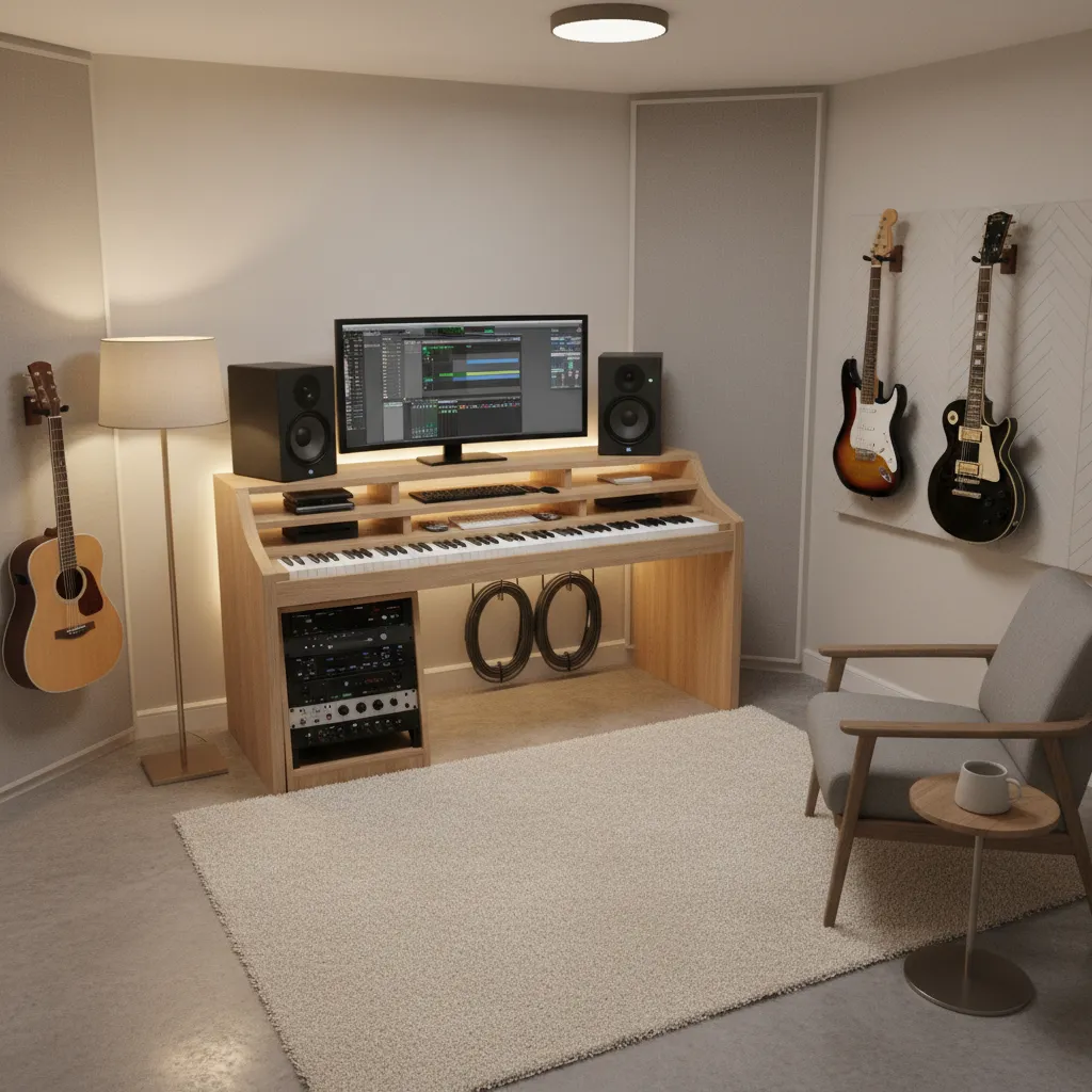 small music room with keyboard desk guitar wall storage and minimal decor