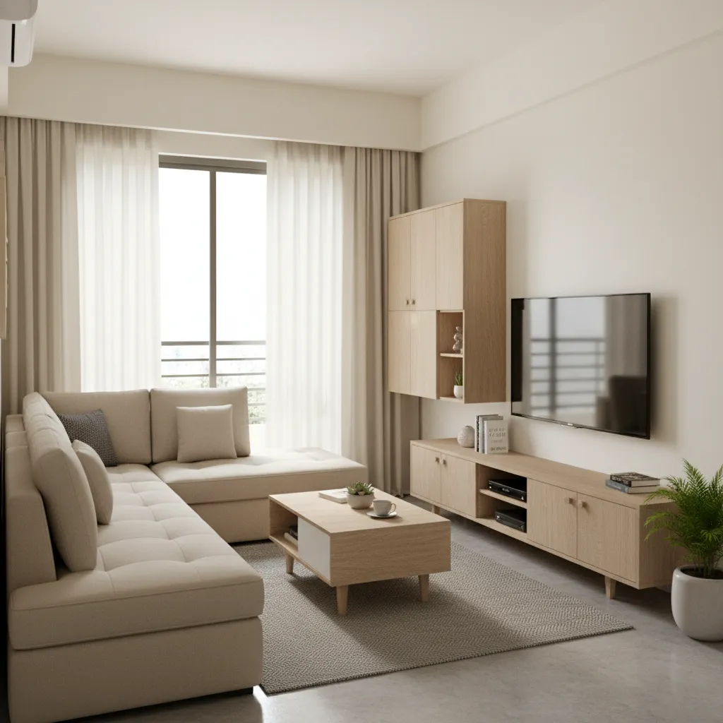 Small NCR apartment living room with modular sofa storage and compact layout