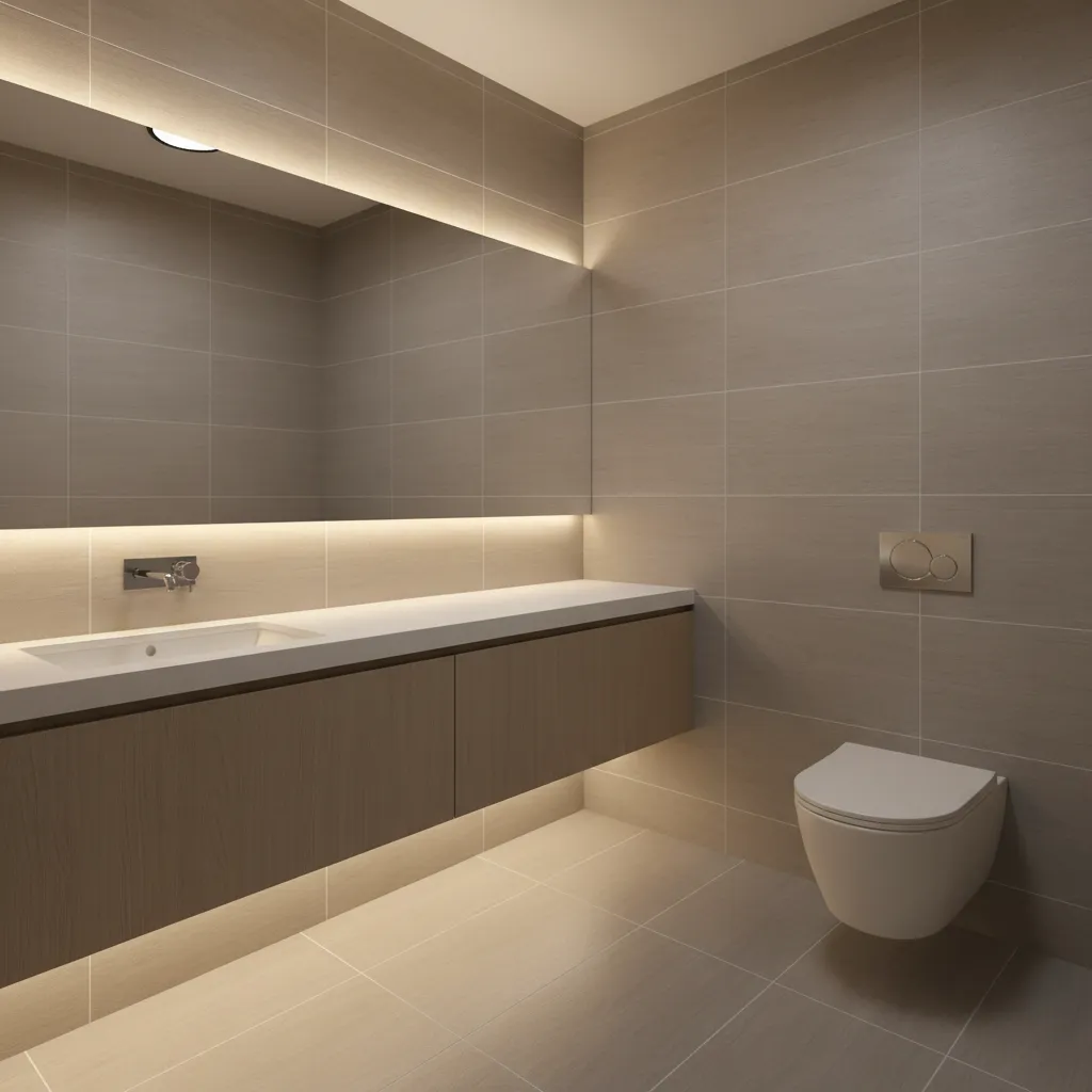 compact modern office bathroom with floating vanity and large mirror