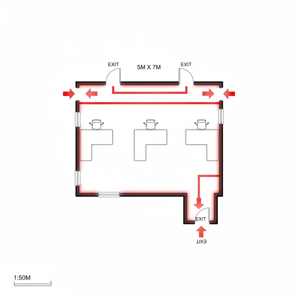 Small office floor plan with evacuation routes and exit markers
