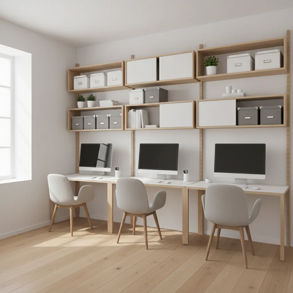 small office layout optimized with wall storage and compact desk arrangement