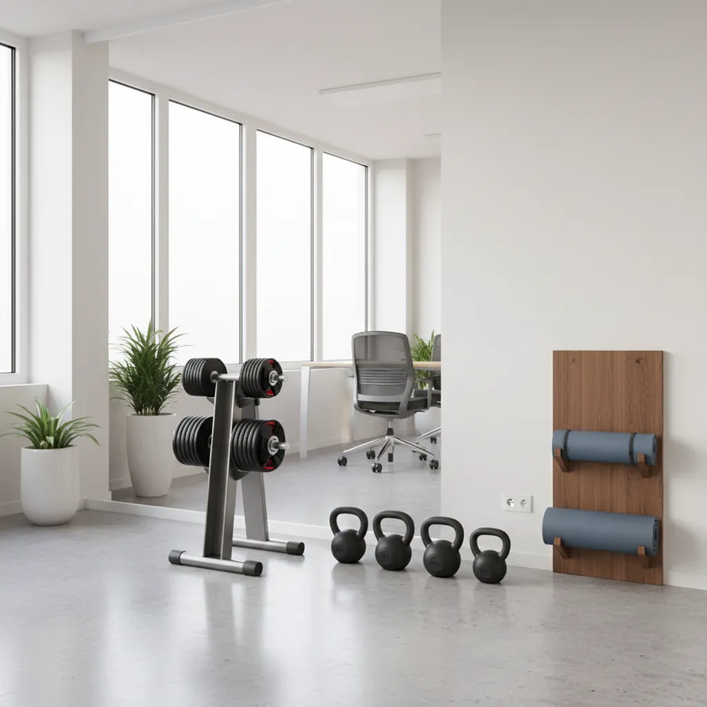 Compact office micro gym with dumbbells kettlebells and yoga mats