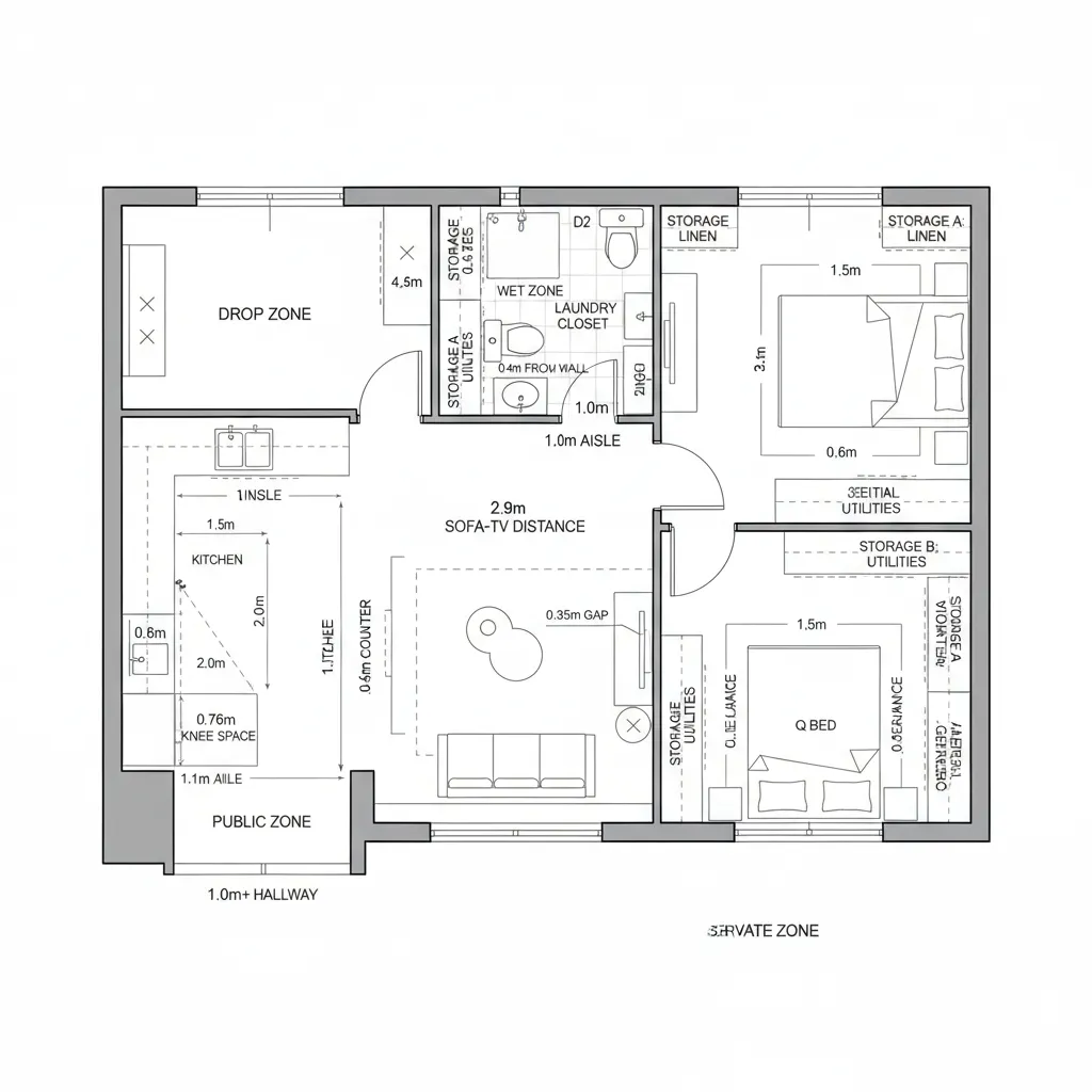 Detailed floor plan showing two bedrooms with beds and storage plus a kitchen and living area