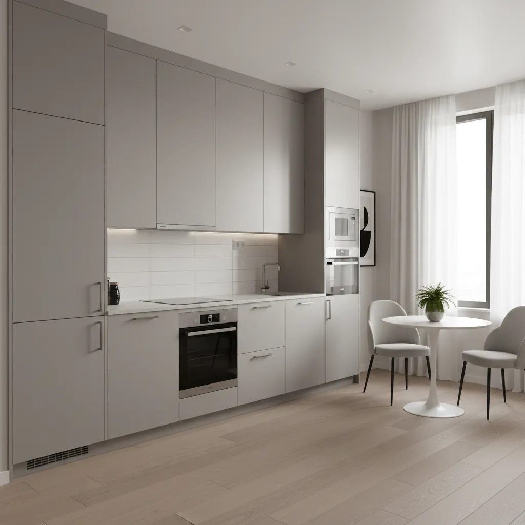 Compact apartment with one wall kitchen layout
