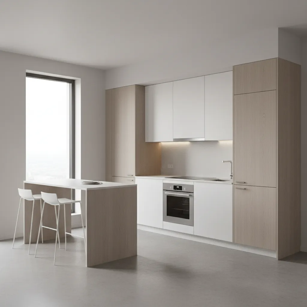 Modern compact one wall kitchen layout with island in small apartment