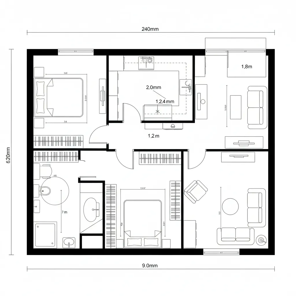 Modern apartment interior design drawing with two bedrooms large bathroom and open plan living room layout