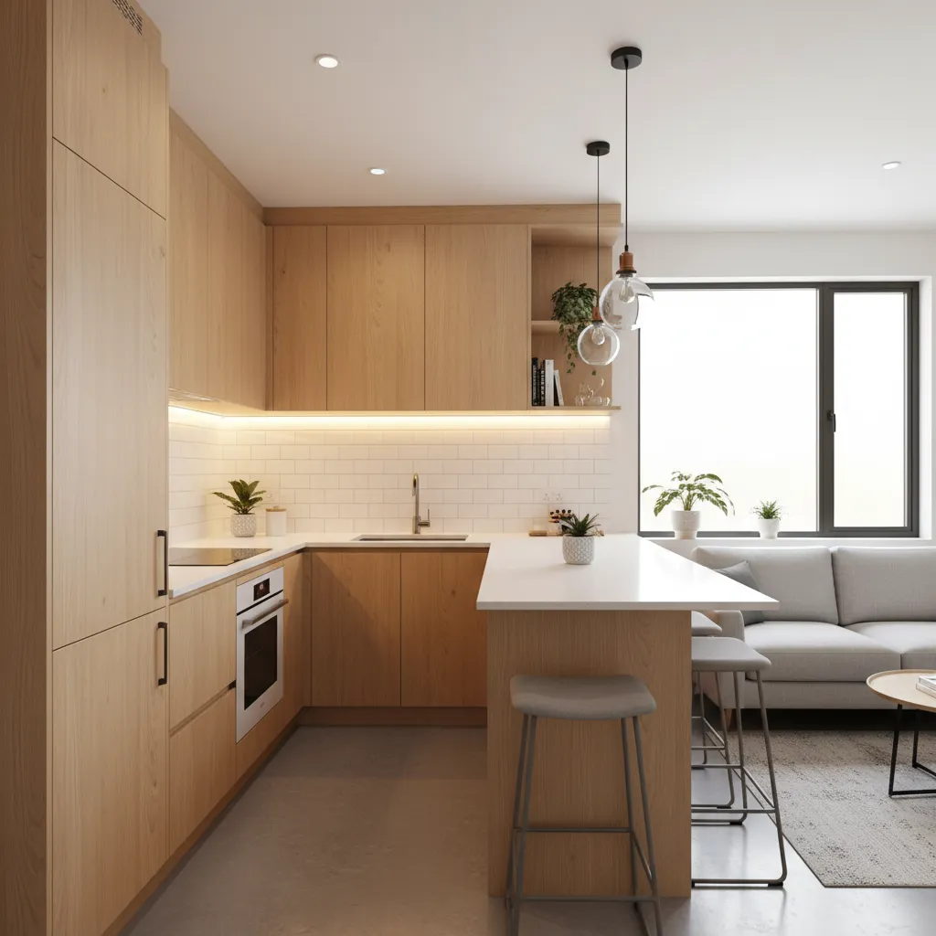 Cocina abierta compacta con península en vivienda pequeña