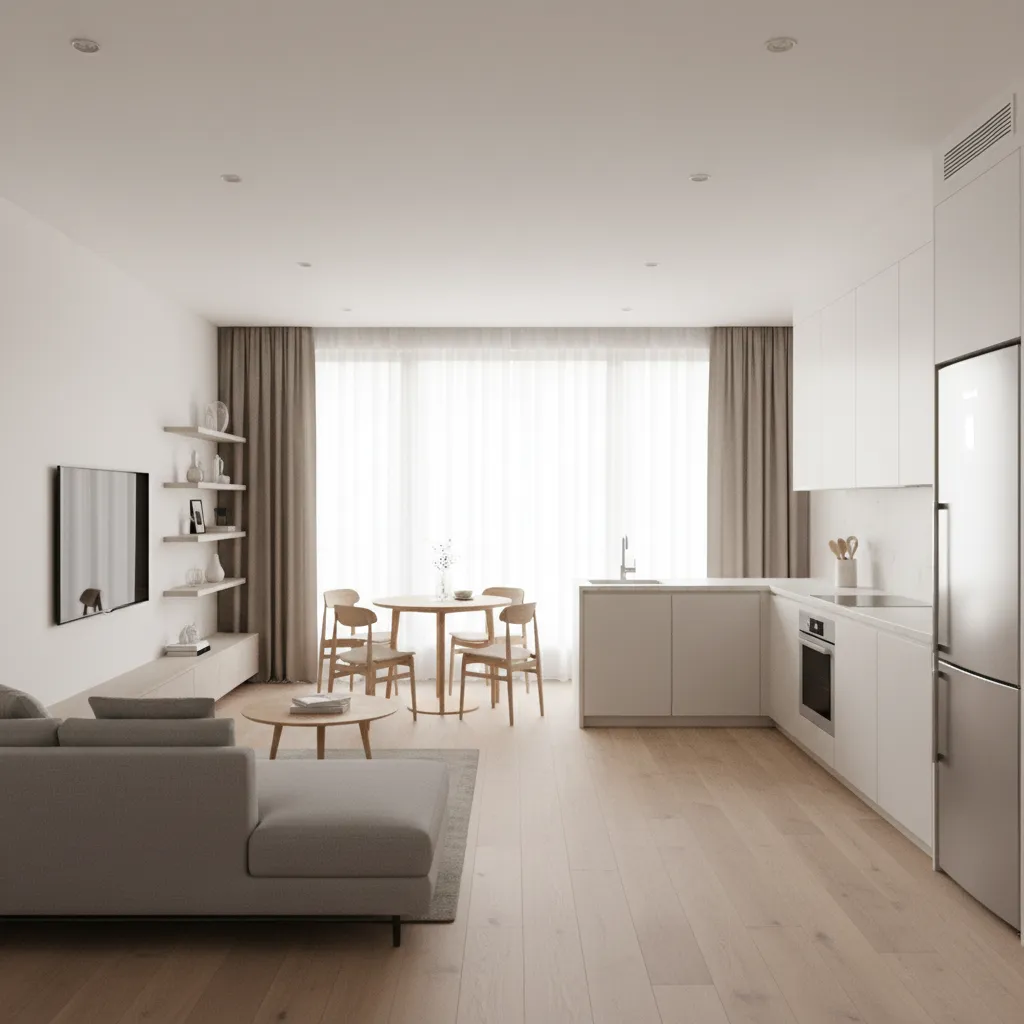 Modern open plan living room with grey sofa wooden floor round dining table and white kitchen
