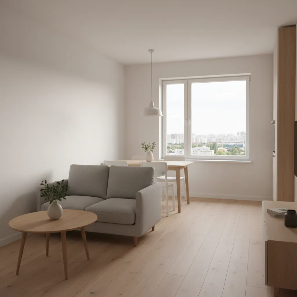compact open living room layout with sofa and dining area in small apartment