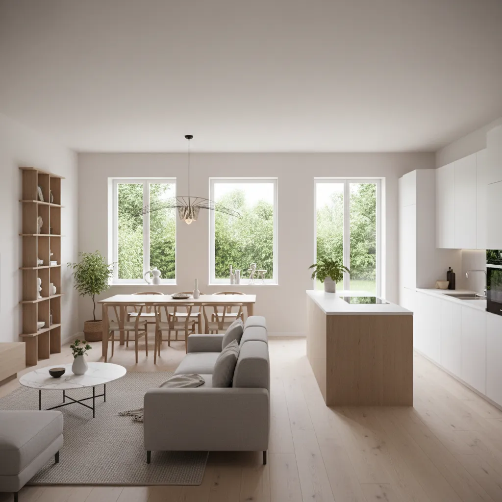 Open plan living dining kitchen design inside a compact 1000 sq ft house