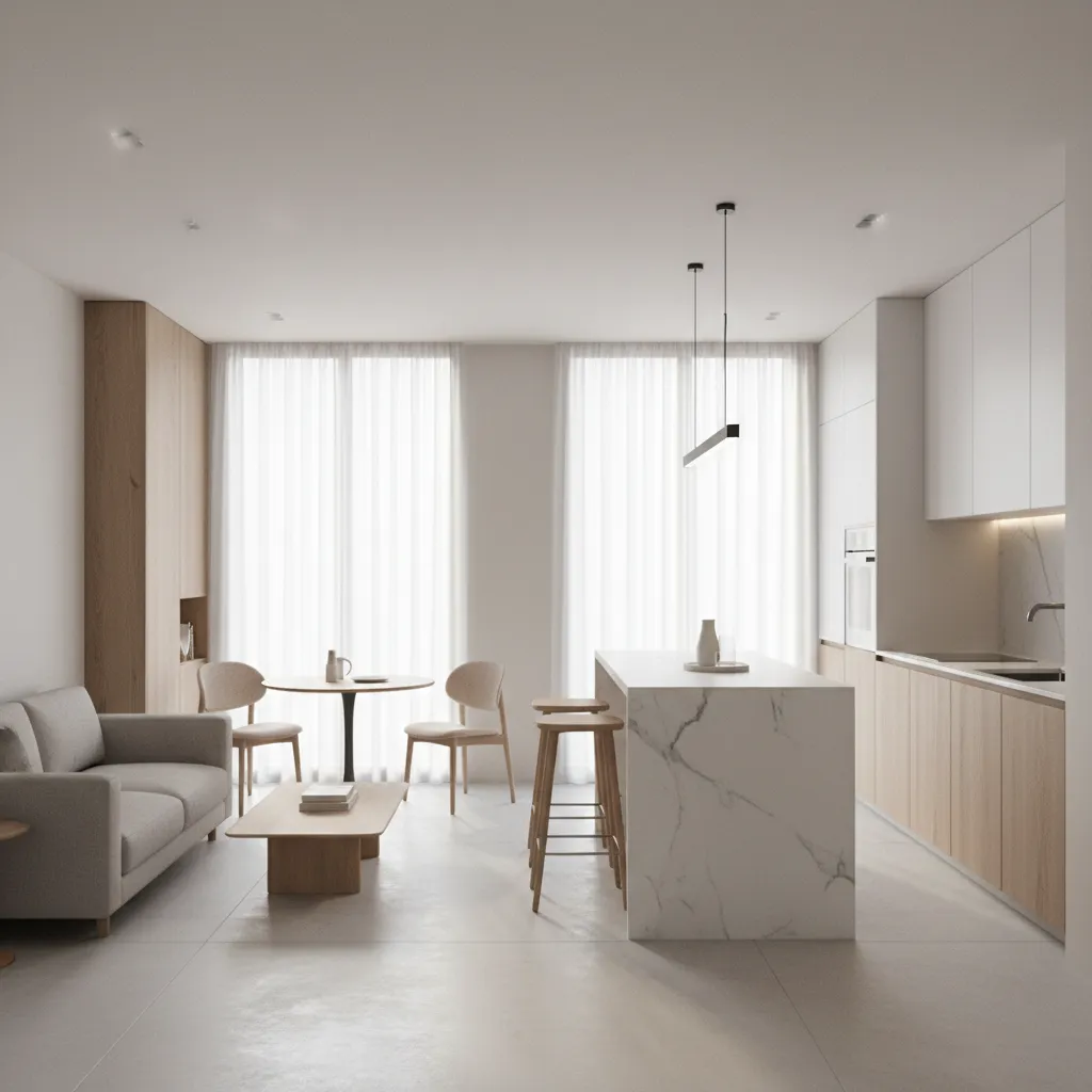 open concept layout inside an 800 sq ft house with living room and kitchen