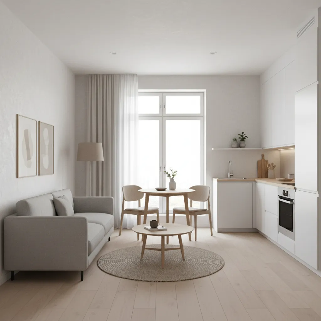 Compact open plan furniture arrangement with round dining table and low sofa