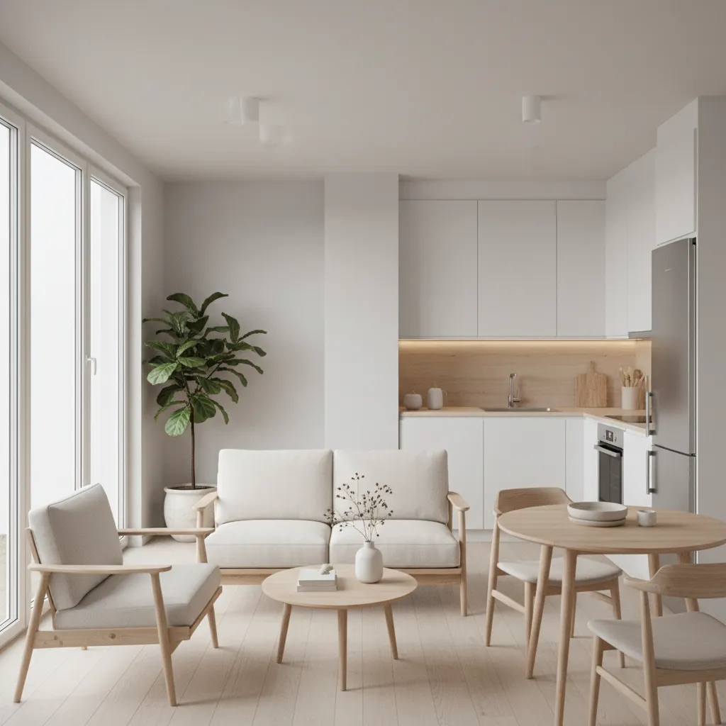 Open plan living area with white kitchen, wooden dining table, beige sofa, and coffee table